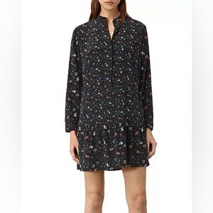 All Saints Lin Rose Silk Shirt Dress Black Floral 4